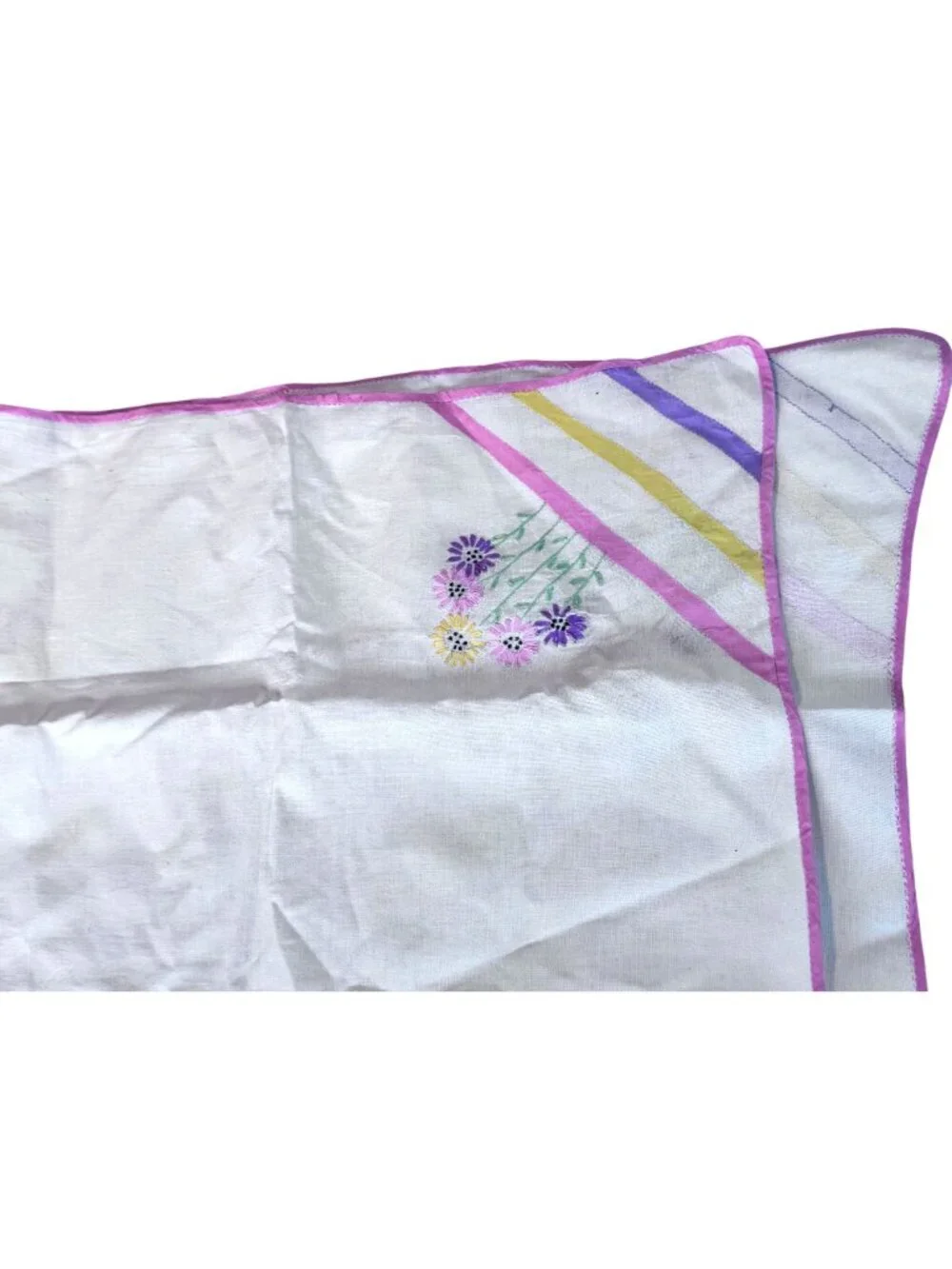 Vintage Hand Embroidered Floral Tablecloth Multi Color Stripes 42 x 30
